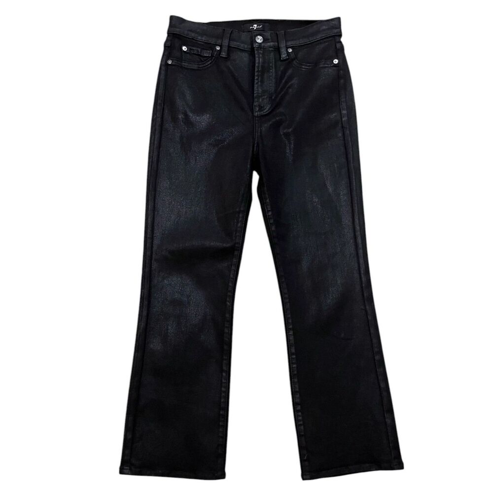 7 For All Mankind High Waist HW Cropped Straight Black Coated Jeans BLACK Sz 29